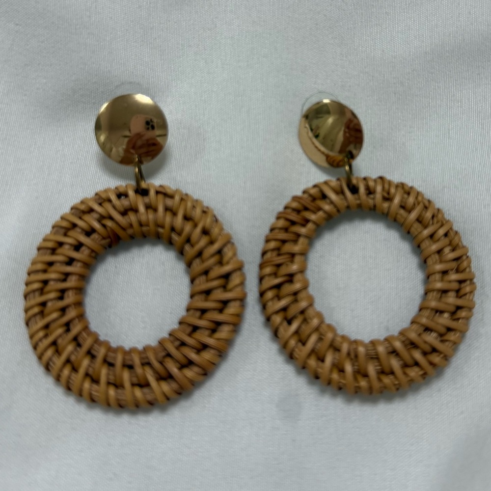 Boho Tan Woven Hoop Earrings with Gold Accent